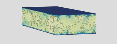 A paticle-laden turbulent channel flow at $\mathrm{Re}_\tau = 180$ showing contours of particle volume fraction. Majority of the particles reside in low-speed regions of the flow.